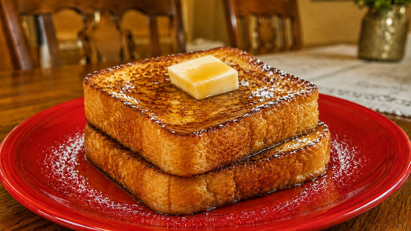 Three golden slices of classic french toast on a white ceramic plate, dusted with powdered sugar and topped with fresh blueberries, with maple syrup being poured from above
