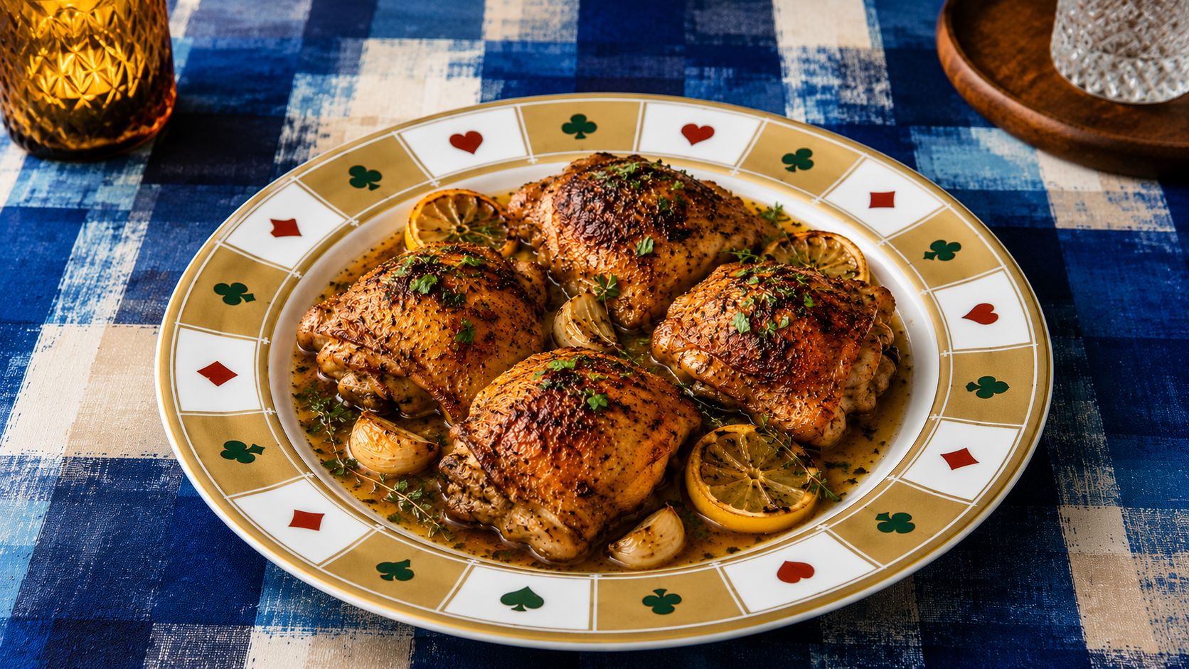 Crispy golden one-pan lemon herb chicken thighs in a cast iron skillet with roasted lemon rounds, smashed garlic, and fresh herbs scattered over the top