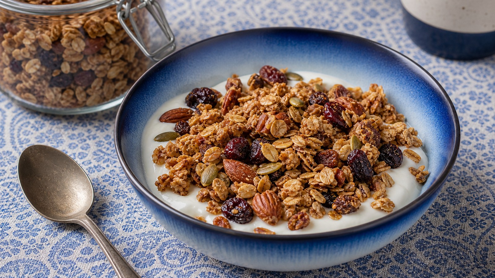A wide-mouth mason jar filled with golden homemade granola clusters, surrounded by scattered oats, dried cranberries, and pecans on a white linen surface