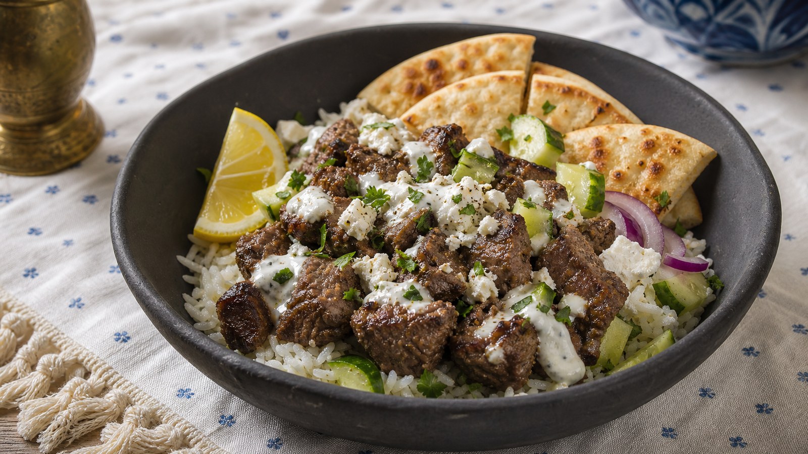 Greek Beef Pita Bowls finished and ready to serve