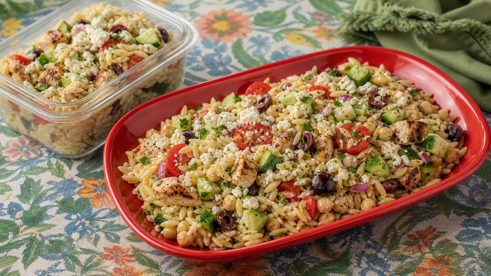 Greek Orzo Meal Prep finished and ready to serve