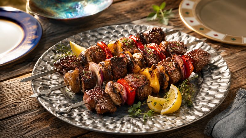 Grilled Steak Kabobs with Peppers and Mushrooms finished and ready to serve