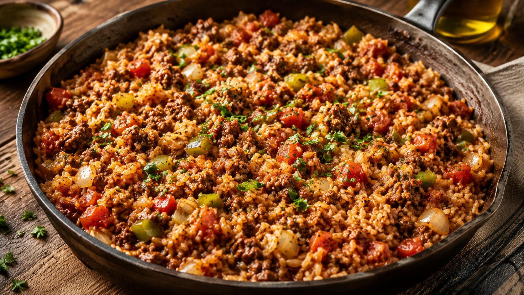 A cast iron skillet filled with one-skillet ground beef and rice, garnished with chopped fresh parsley and green onions, shot from above on a rustic wooden surface