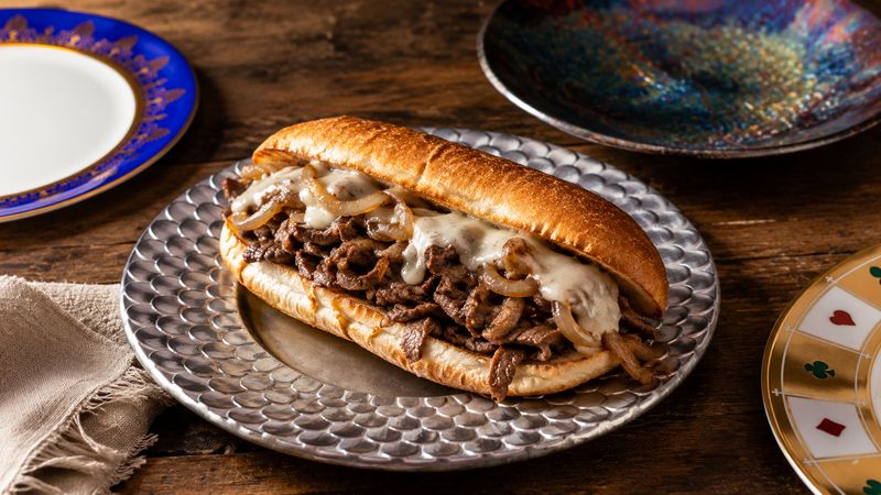 Homemade Philly Cheesesteak with Ribeye and Provolone finished and ready to serve