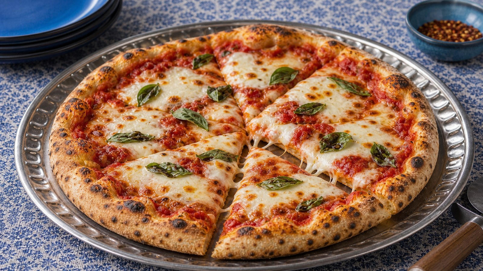 A homemade pizza on a wooden cutting board, crust golden and slightly charred at the edges, topped with melted mozzarella, pepperoni, and fresh basil leaves