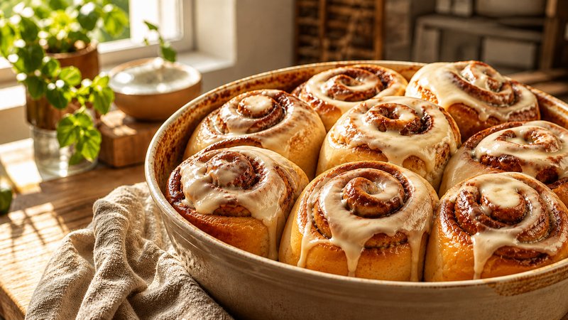 Golden, gooey homemade cinnamon rolls fresh from the oven with icing drizzled on top