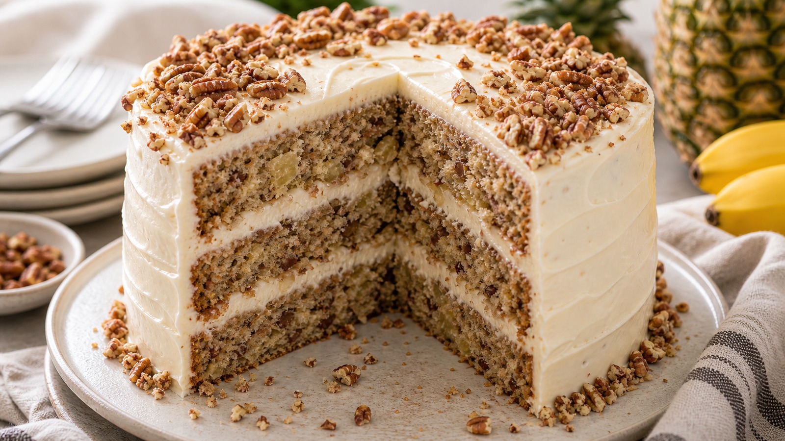 Three-layer Southern hummingbird cake on a white cake stand, frosted with cream cheese frosting and topped with toasted pecan halves, sliced to reveal moist banana-pineapple layers