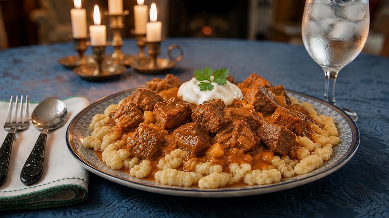 Creamy paprika-orange Hungarian goulash with tender beef, served over homemade spaetzle with a swirl of sour cream