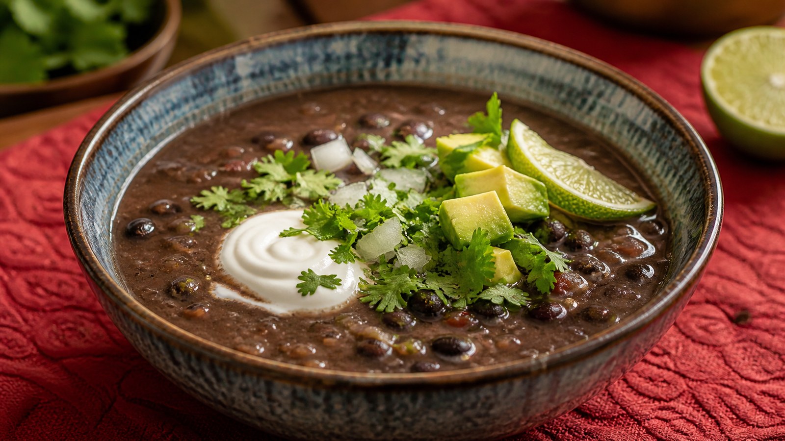 Instant Pot Black Bean Soup finished and ready to serve