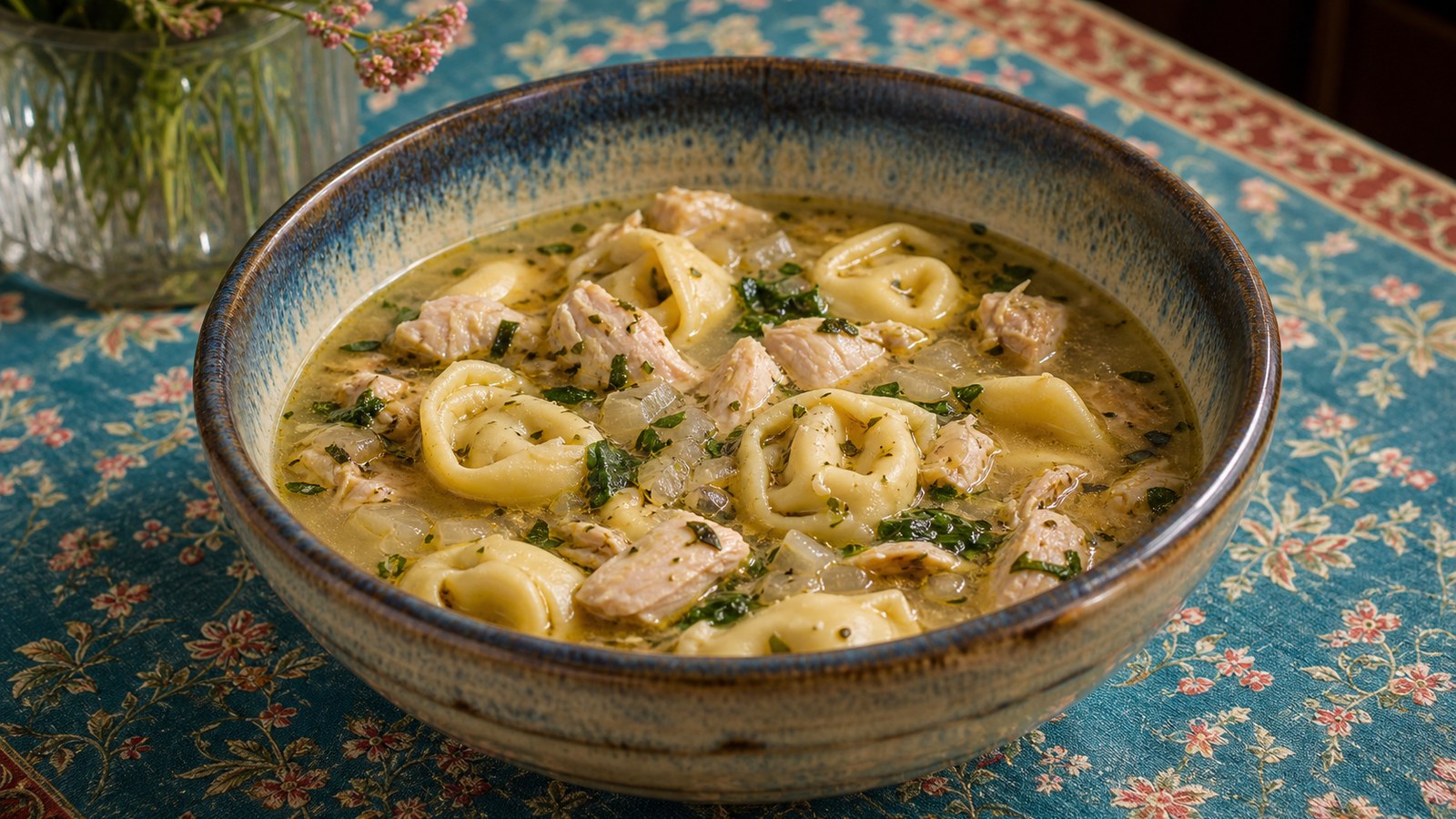 Instant Pot Chicken Tortellini Soup finished and ready to serve