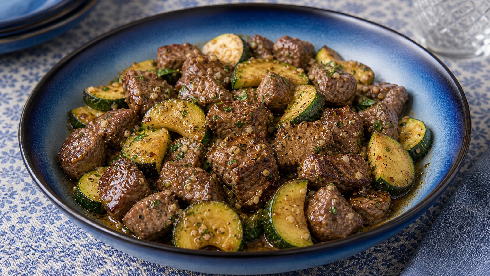 Cast iron skillet of golden-seared garlic butter steak bites plated alongside caramelized zucchini, garnished with fresh parsley on a dark wood surface