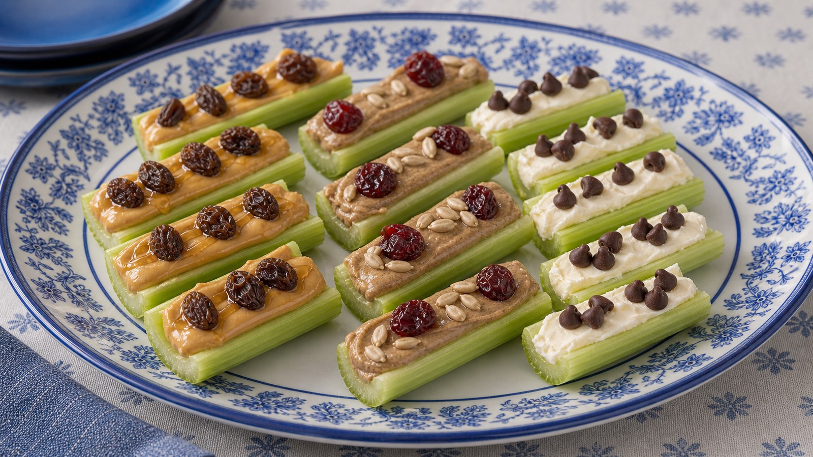 Ants on a log three ways on a white serving plate —? celery stalks filled with peanut butter and raisins, sunflower butter and cranberries, and cream cheese with mini chocolate chips