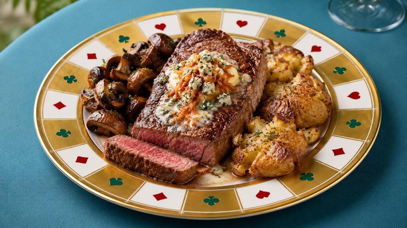 Kimchi Blue Cheese Strip Steak finished and ready to serve