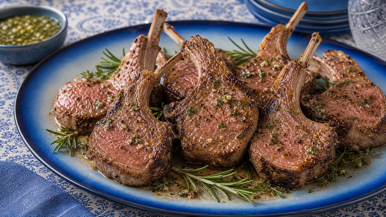 Pan seared garlic herb lamb chops on a white plate with golden crust, fresh rosemary sprigs, and a lemon wedge on the side
