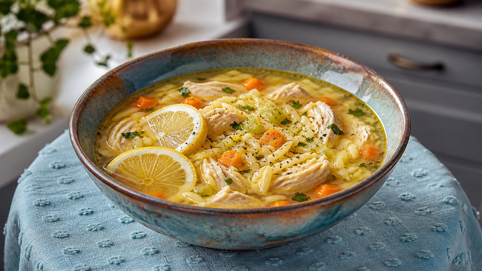 Lemon Chicken Orzo Soup finished and ready to serve
