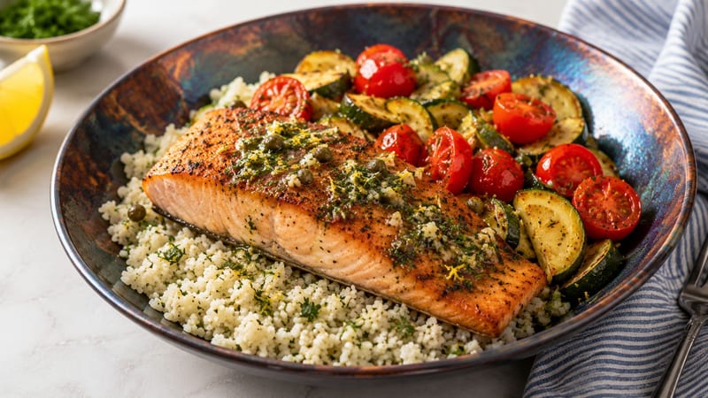 A bright lemon herb baked salmon bowl with roasted cherry tomatoes, zucchini, cauliflower rice, and fresh herb drizzle served in a white ceramic bowl