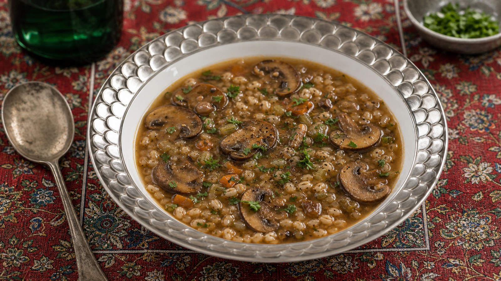 Mushroom Barley Soup finished and ready to serve