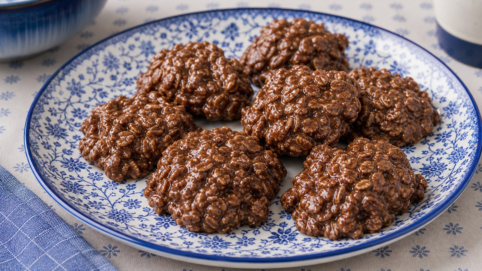 Overhead view of chocolate oatmeal no bake cookies set on wax paper, with a matte texture and glossy chocolate surface, arranged in rows on a wooden countertop