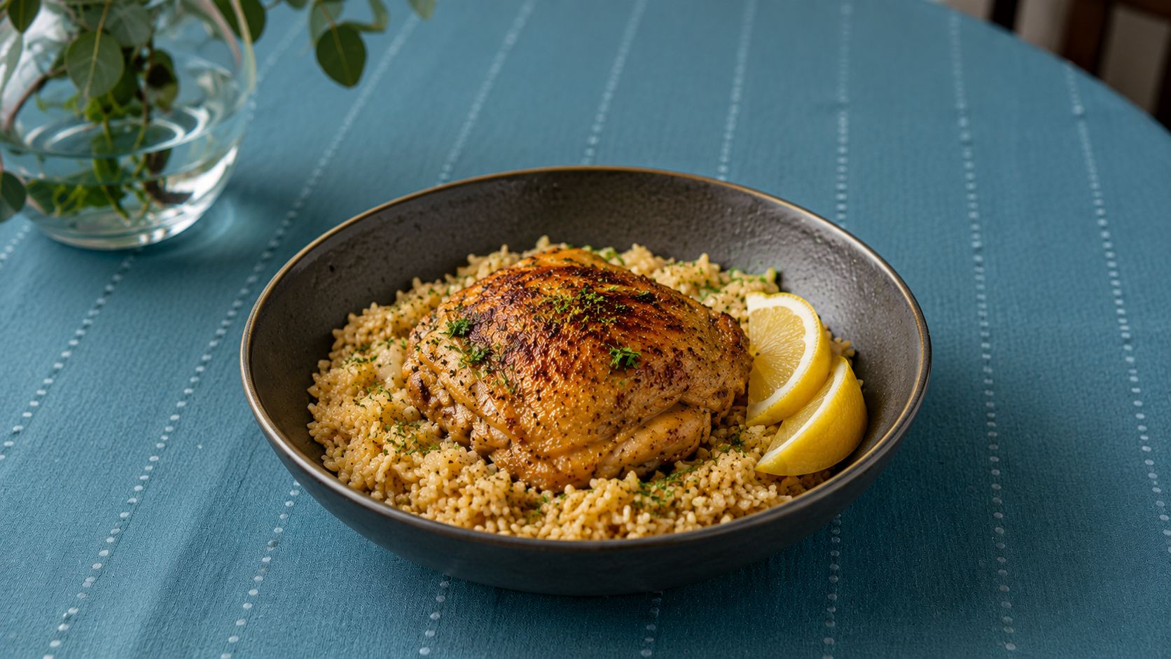 One pot garlic herb chicken and rice in a white Dutch oven with golden seared chicken thighs nestled into fluffy herb rice, garnished with fresh parsley and lemon wedges