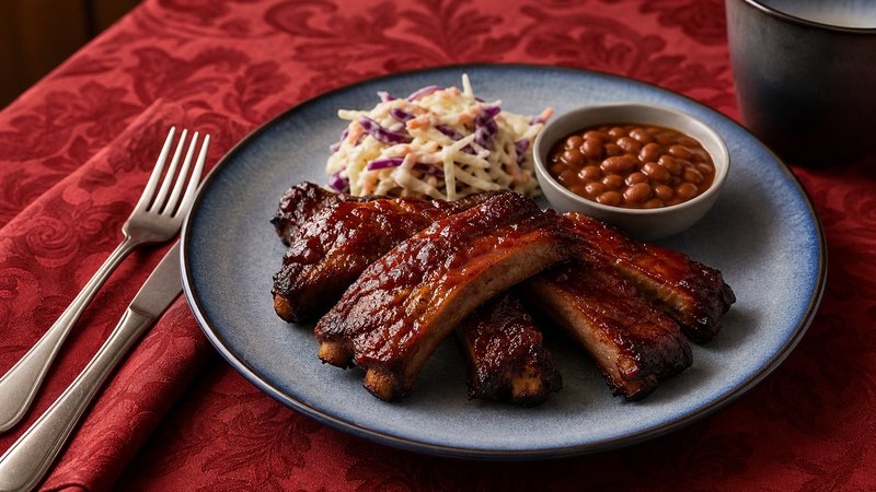 A rack of glossy, caramelized BBQ ribs with a sticky glaze, sliced and ready to serve