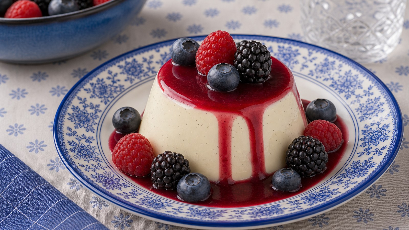 A plated classic vanilla panna cotta unmolded onto a white plate, topped with fresh strawberry coulis and halved strawberries, shot from slightly above on a marble surface