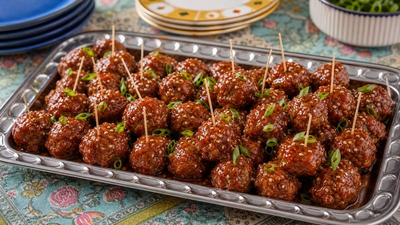 A white ceramic bowl of glossy honey-sriracha cocktail meatballs garnished with sliced green onions and sesame seeds, surrounded by toothpicks on a wooden party table