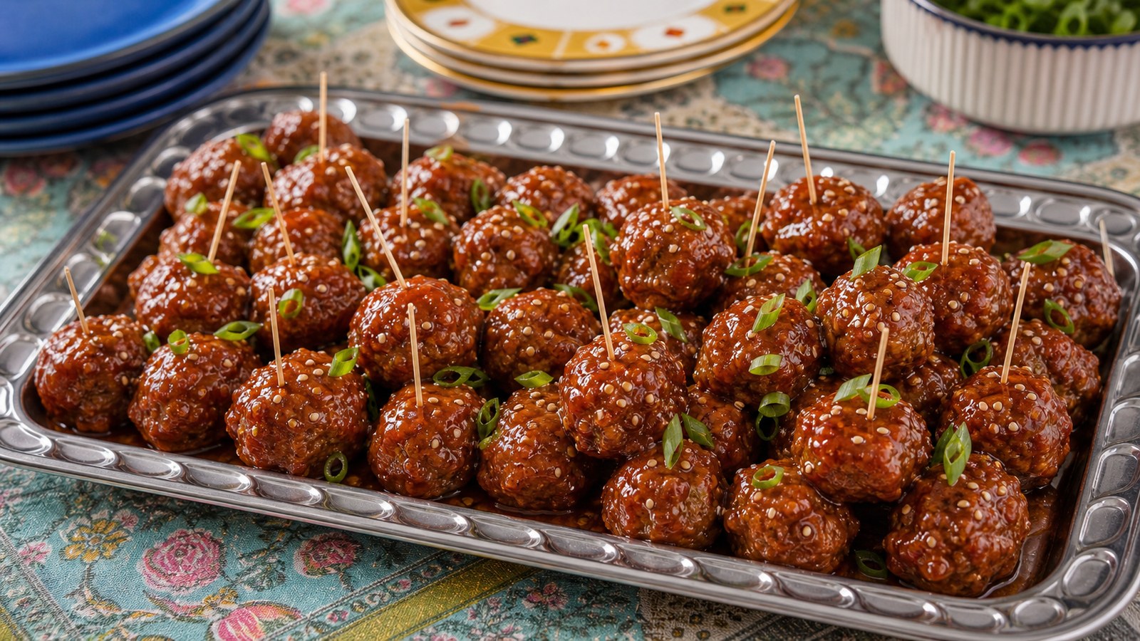 A white ceramic bowl of glossy honey-sriracha cocktail meatballs garnished with sliced green onions and sesame seeds, surrounded by toothpicks on a wooden party table