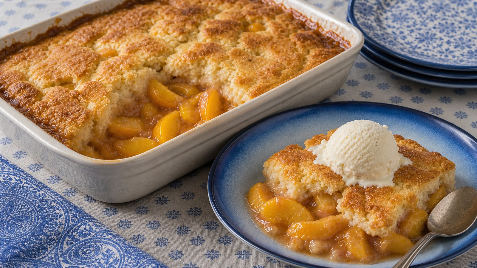 A golden brown peach cobbler in a white ceramic baking dish, bubbling at the edges, with caramelized peaches visible through the cracked crust, served with a scoop of melting vanilla ice cream
