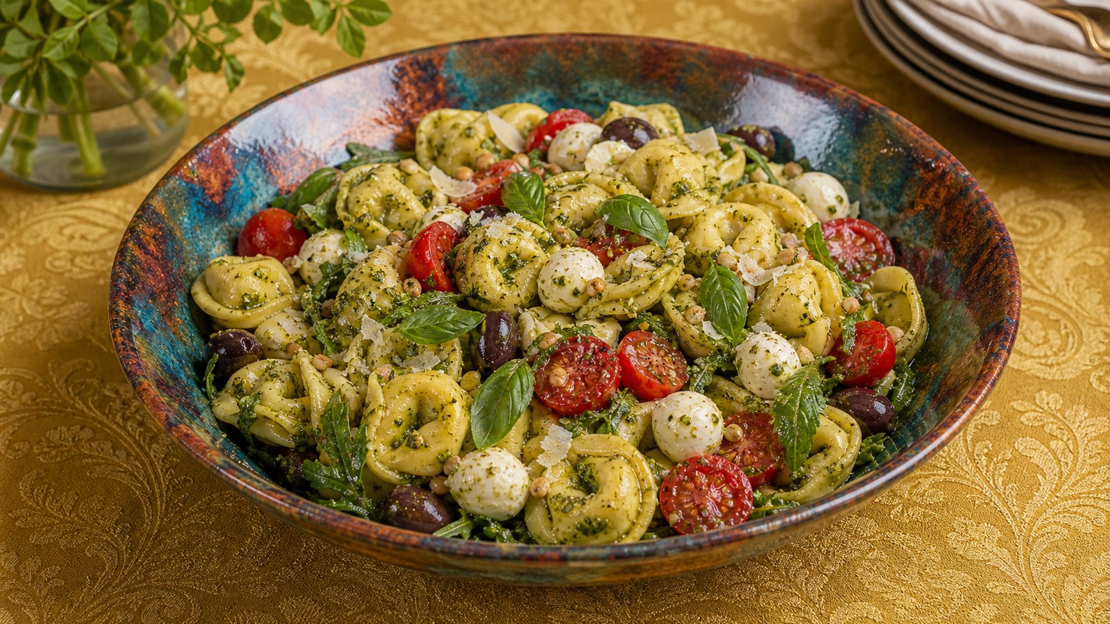 Pesto Tortellini Lunch Salad finished and ready to serve