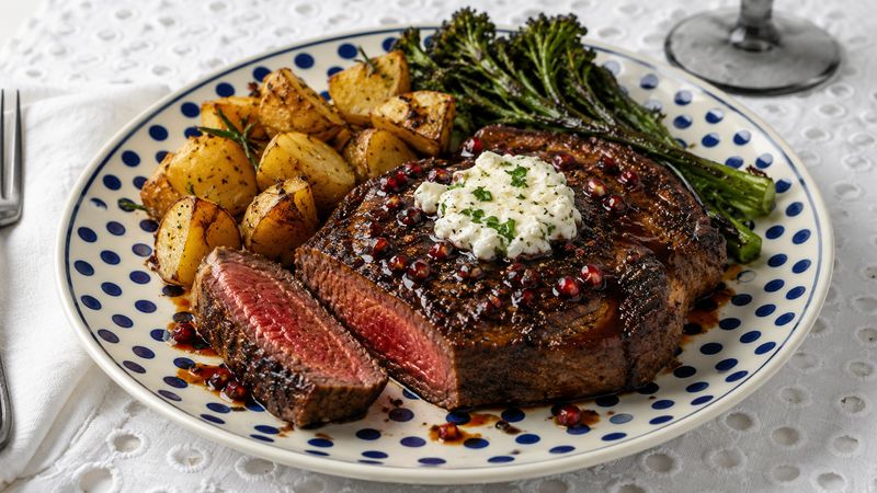 Pomegranate Peppercorn Ribeye with Feta Butter