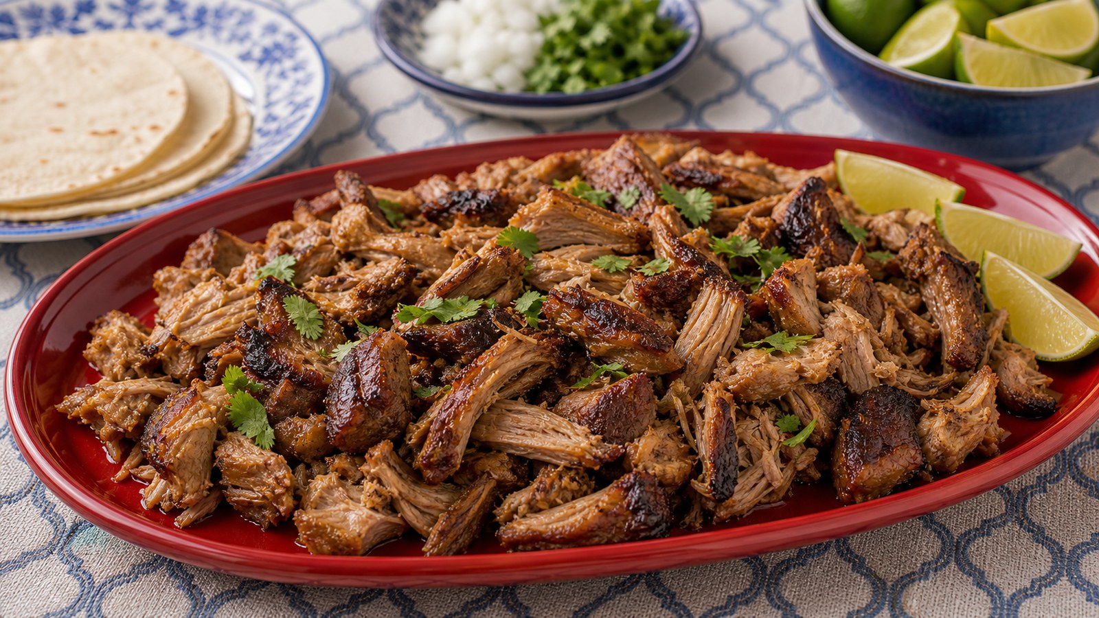 A cast iron skillet of crispy pork carnitas with caramelized golden edges, garnished with lime wedges, white onion, and fresh cilantro, surrounded by warm corn tortillas
