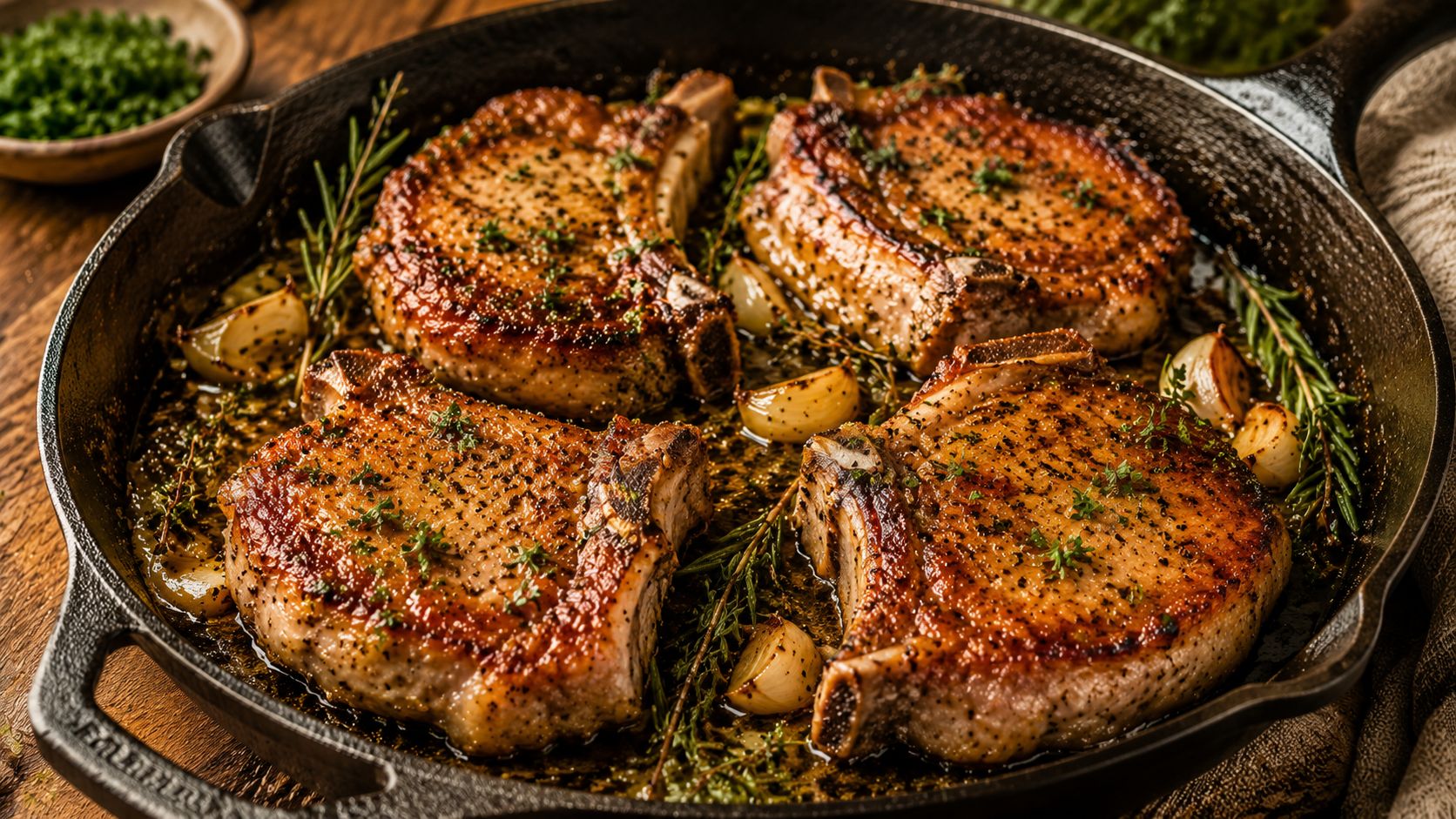 Two golden-crusted bone-in pork chops resting in a cast iron skillet, surrounded by melted herb butter, smashed garlic cloves, and fresh thyme sprigs