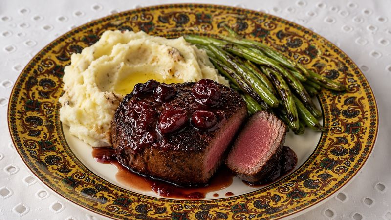 Port Wine Plum Filet Mignon finished and ready to serve
