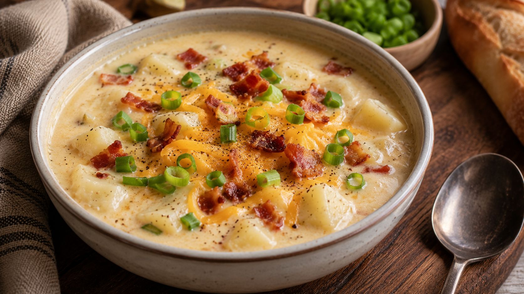A white ceramic bowl of creamy loaded potato soup topped with crispy bacon crumbles, shredded cheddar cheese, and sliced green onions, photographed from above on a wooden surface