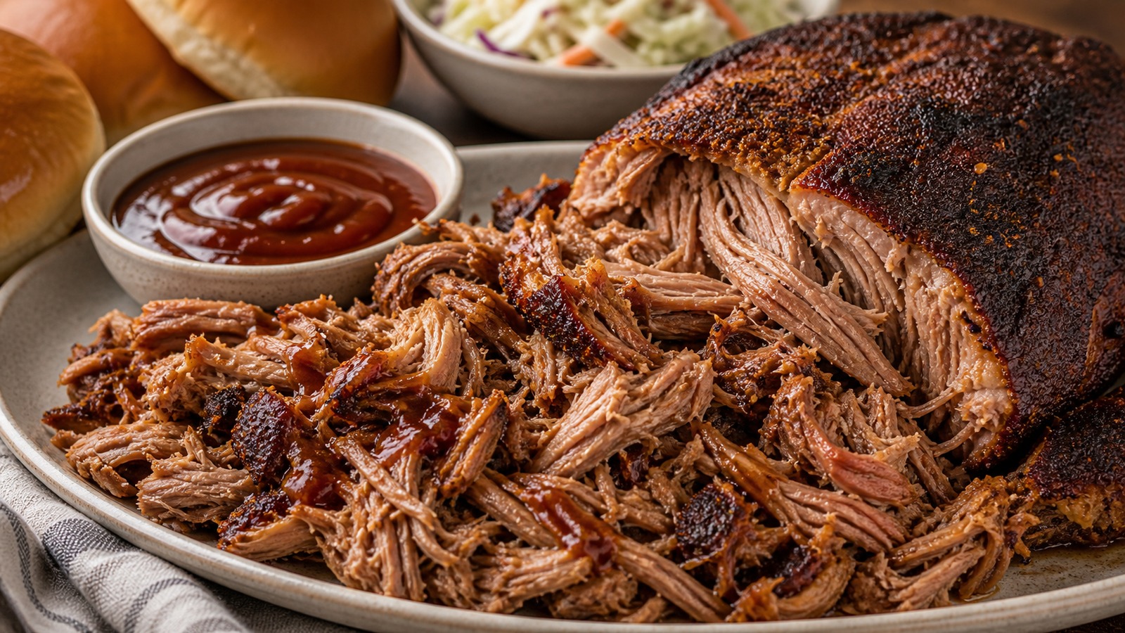 A pile of tender, smoky pulled pork on a wooden cutting board with caramelized bark, two forks resting beside it, and a small dish of BBQ sauce nearby