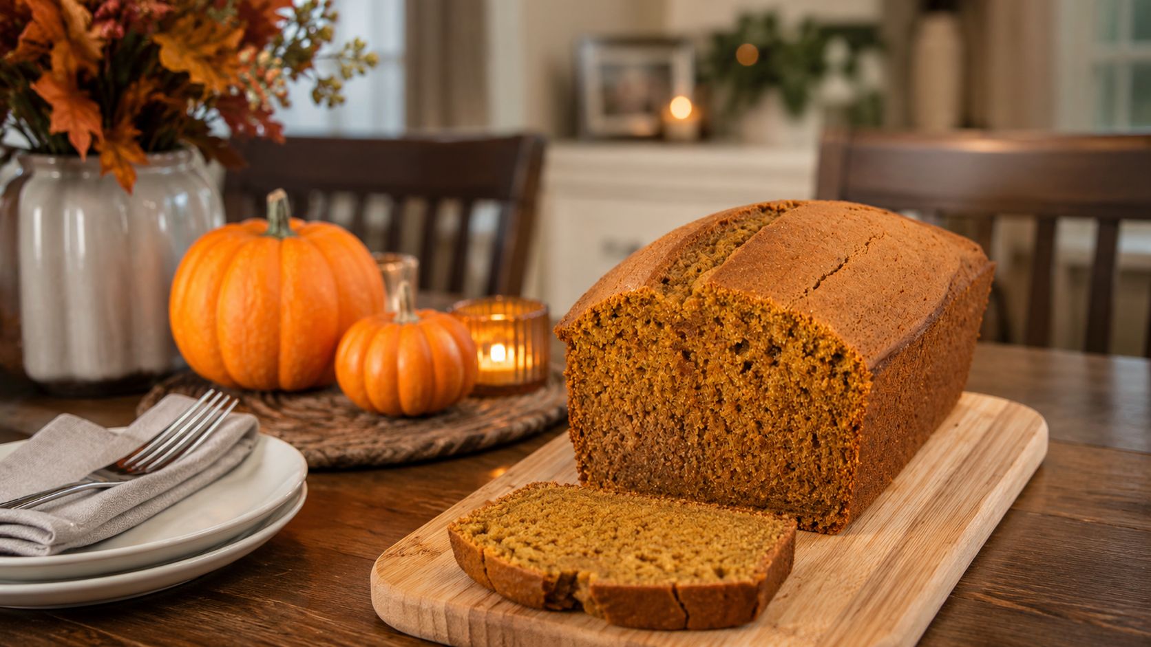 Sliced classic pumpkin bread on a wooden cutting board, showing a moist dark-golden crumb with visible spice flecks, photographed in warm autumn light