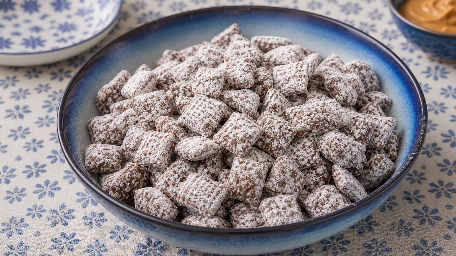 Close-up of a white bowl filled with puppy chow —? powdered sugar-dusted chocolate peanut butter Chex cereal —? on a light wood surface