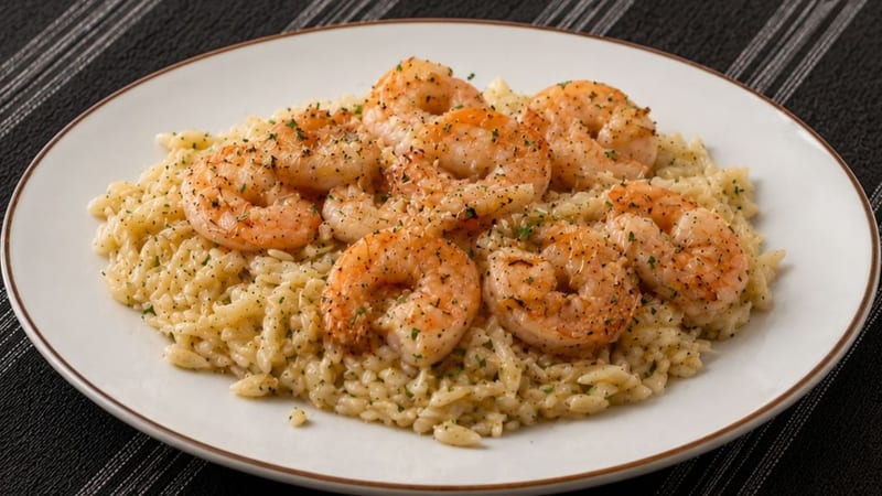 Garlic butter shrimp pasta in a wide white bowl, topped with fresh parsley and Parmesan, with a lemon wedge on the side