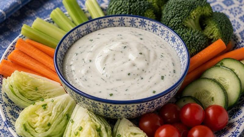 A small glass jar of homemade buttermilk ranch dressing surrounded by fresh vegetables and herbs on a wooden cutting board