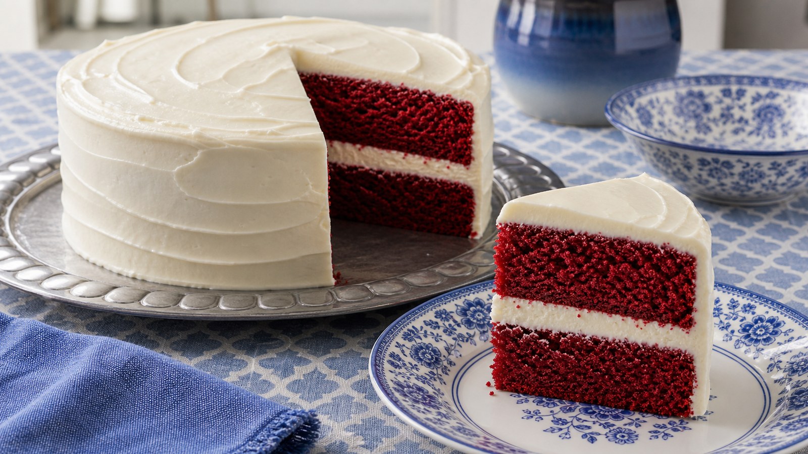 Tall two-layer red velvet cake with white cream cheese frosting on a white cake stand, one slice removed to show the deep red interior crumb