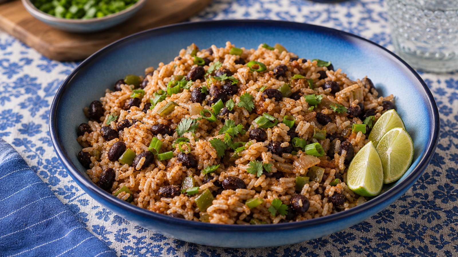 A rustic bowl of classic rice and beans garnished with fresh cilantro and lime wedges on a wooden table
