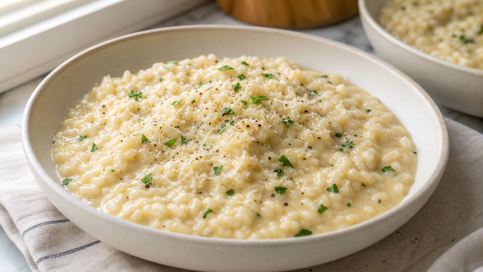 A wide bowl of creamy parmesan risotto garnished with freshly grated cheese and chopped parsley, served on a linen napkin with a wooden spoon