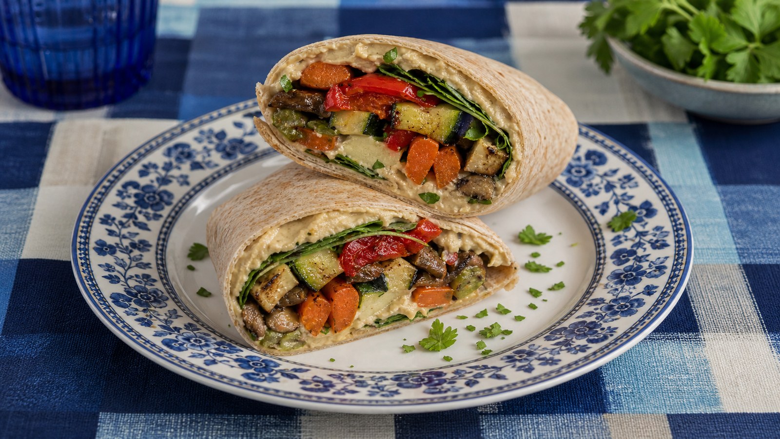 Roasted Vegetable Hummus Wraps finished and ready to serve