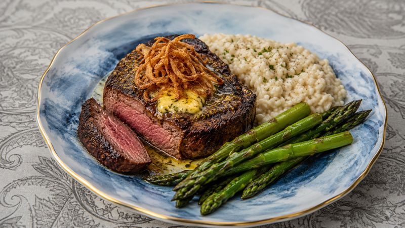 Saffron Garlic Filet Mignon with Crispy Onions