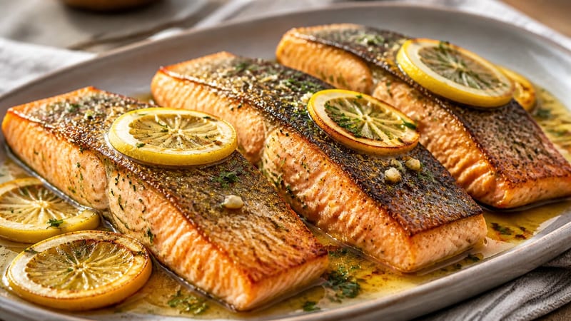 Pan-seared salmon recipe with golden crispy skin and lemon butter sauce in a cast iron skillet, garnished with fresh parsley and lemon slices
