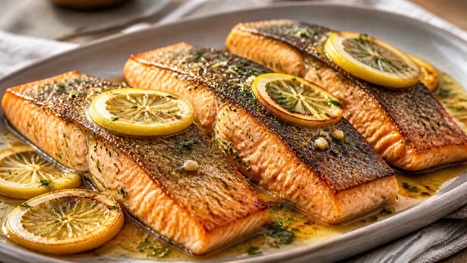 Pan-seared salmon recipe with golden crispy skin and lemon butter sauce in a cast iron skillet, garnished with fresh parsley and lemon slices