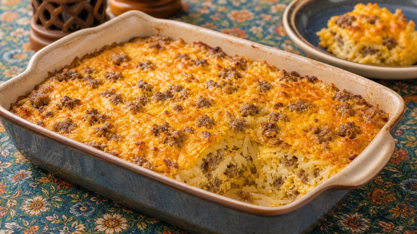 Sausage Hash Brown Breakfast Casserole finished and ready to serve