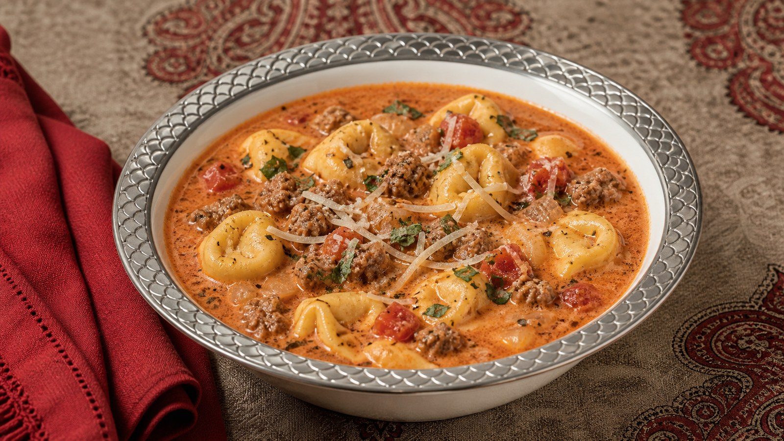 Sausage Tortellini Soup finished and ready to serve