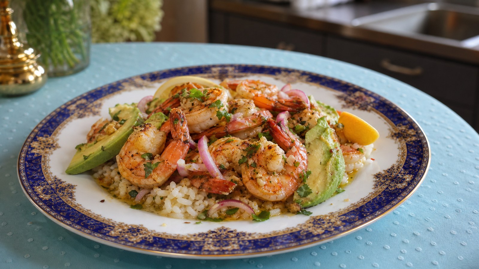 Shrimp Avocado Rice Bowls finished and ready to serve