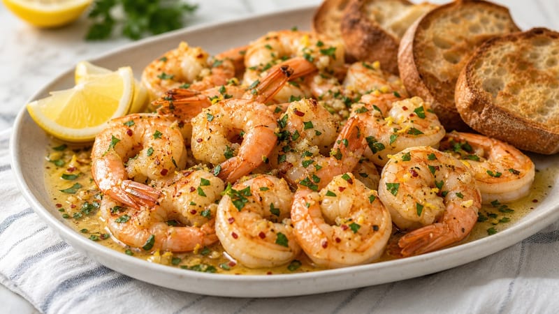 Garlic butter shrimp in a cast iron skillet with golden sear marks, fresh parsley, and lemon slices on a wooden cutting board